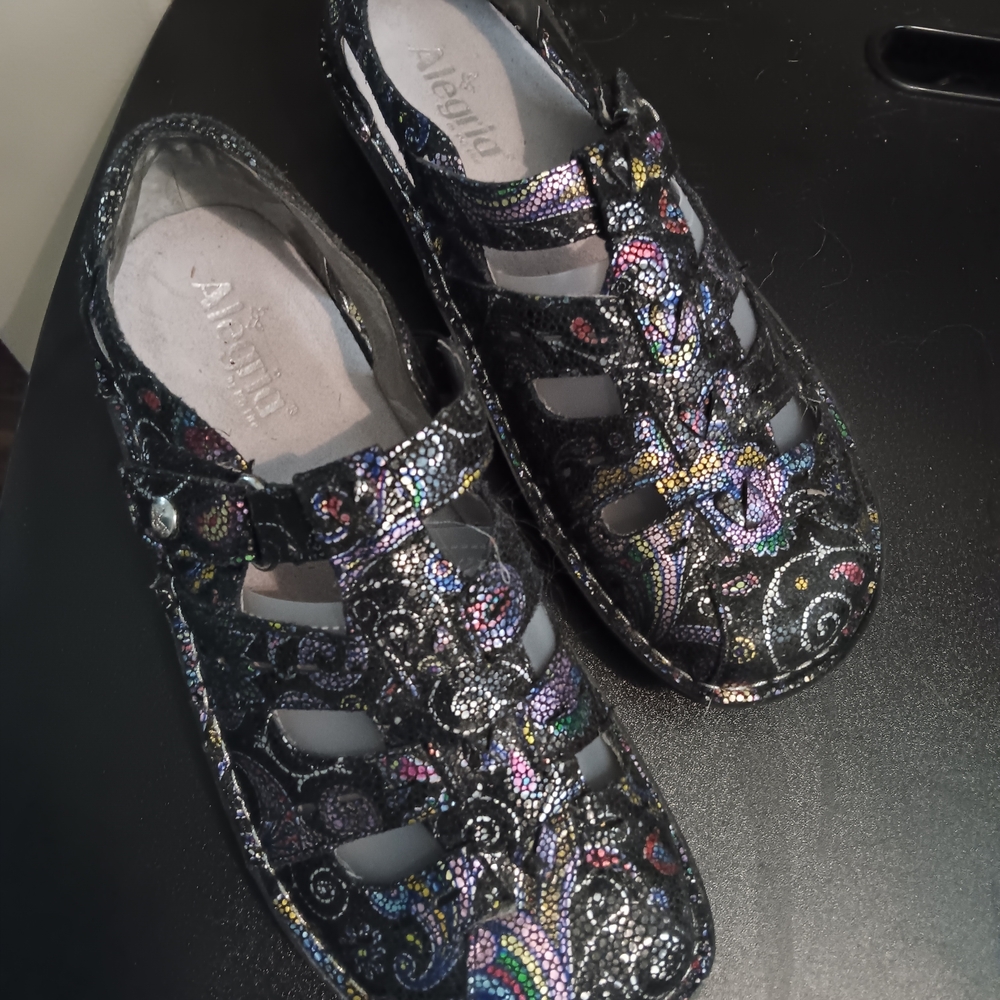 Alegria Women's Black Sandals with Colorful Pattern